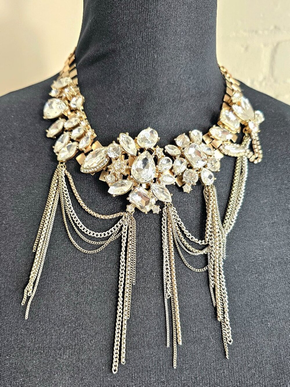 Banana Republic Crystal Cluster Chain Fringe Bib Choker Gold Tone Statement Neck
